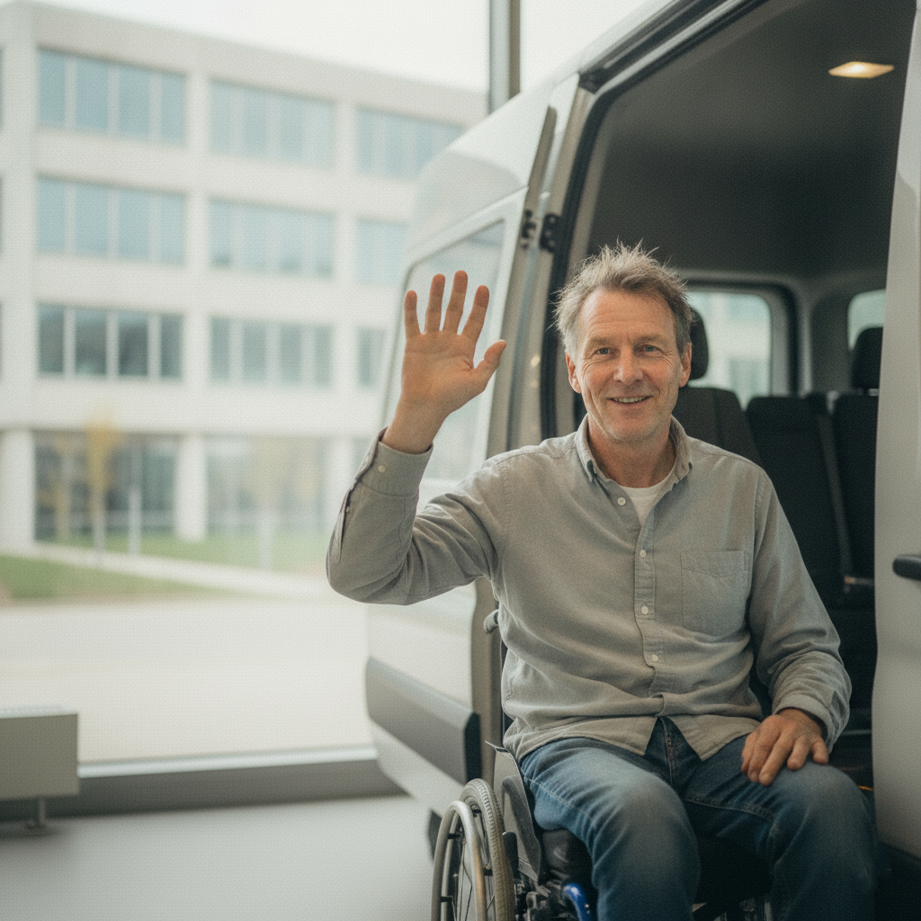 Fahrdienst hält vor dem barrierefreien Haupteingang