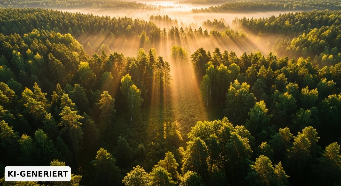 Morgendlicher Mischwald mit Sonnenstrahlen durch das Blätterdach